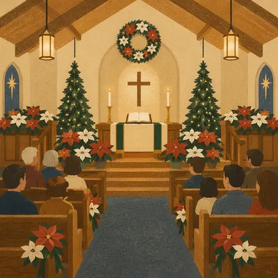 Christmas Church Sanctuary with Poinsettias