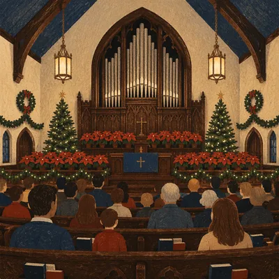 Christmas Church Sanctuary with Red Poinsettias