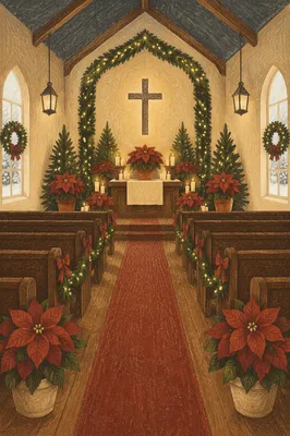 Christmas Church Sanctuary with Poinsettias