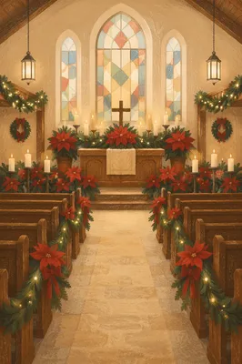 Christmas Church Sanctuary with Red Poinsettias