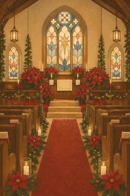Christmas Church Sanctuary with Poinsettias