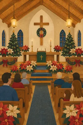 Christmas Church Sanctuary with Poinsettia Decor
