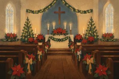 Christmas Church Sanctuary with Red Poinsettias