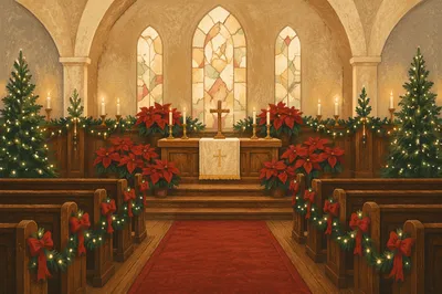 Christmas Sanctuary with Poinsettias and Garlands