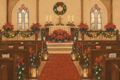 Christmas Church Sanctuary with Poinsettias