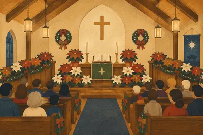 Christmas Church Sanctuary with Poinsettia Decor