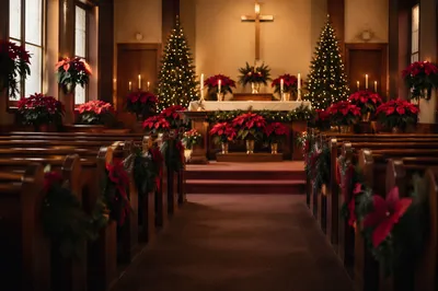 Christmas Church Sanctuary with Red Poinsettias
