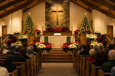 Christmas Church Sanctuary with Poinsettias