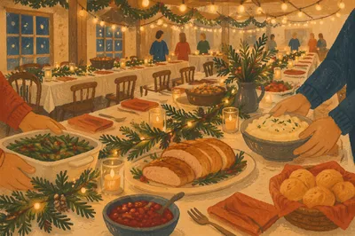 Cozy Christmas Church Fellowship Dinner Hall