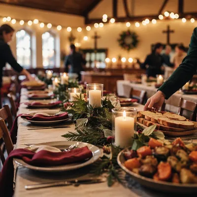 Cozy Christmas Church Fellowship Dinner Tables