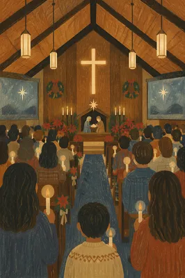 Candlelit Christmas Eve Church Congregation