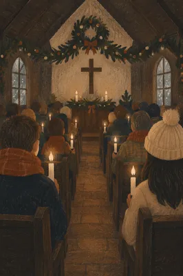 Candlelit Congregation in Wooden Chapel