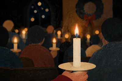 Close-Up Candle with Warm Holiday Bokeh