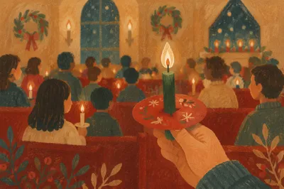 Hand Holding Green Candle in Chapel