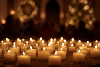 Glowing Votive Candles in Dark Gathering