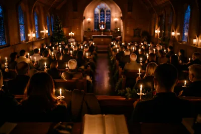 Candlelit Congregation in Wooden Chapel