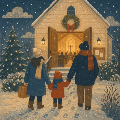 Family Entering Church on Christmas Eve