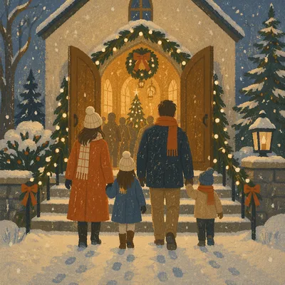 Family Entering Church on Christmas Eve