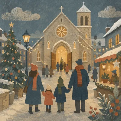 Family Entering Church on Christmas Eve