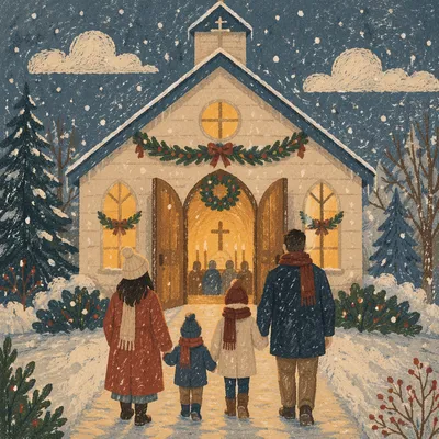 Family Entering Church on Christmas Eve