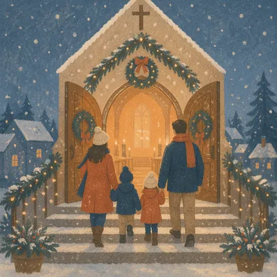 Family Entering Church on Christmas Eve