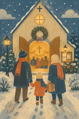 Family Entering Church on Christmas Eve
