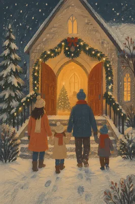 Family Entering Church on Christmas Eve