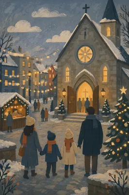 Family Entering Church on Christmas Eve