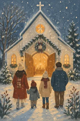 Family Entering Church on Christmas Eve