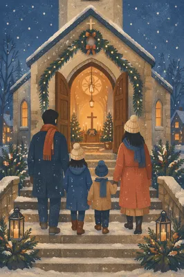 Family Entering Church on Christmas Eve