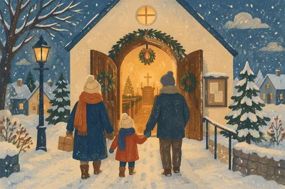 Family Entering Church on Christmas Eve