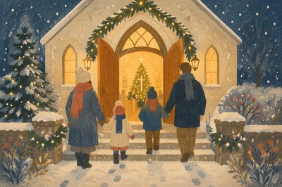 Family Entering Church on Christmas Eve