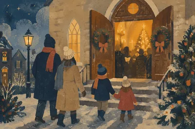 Family Entering Church on Christmas Eve