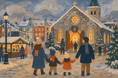 Family Entering Church on Christmas Eve