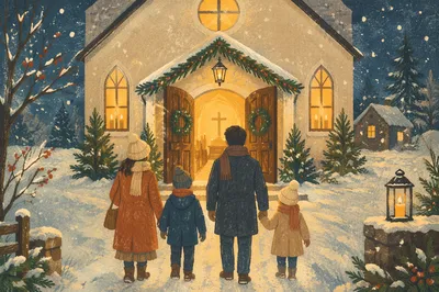 Family Entering Church on Christmas Eve