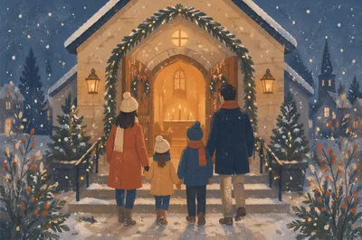 Family Entering Church on Christmas Eve