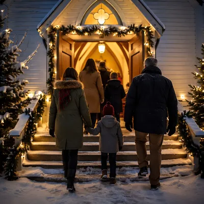 Family Entering Church on Christmas Eve