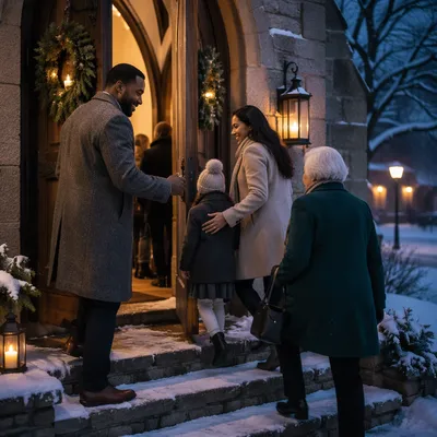 Family Entering Church on Christmas Eve