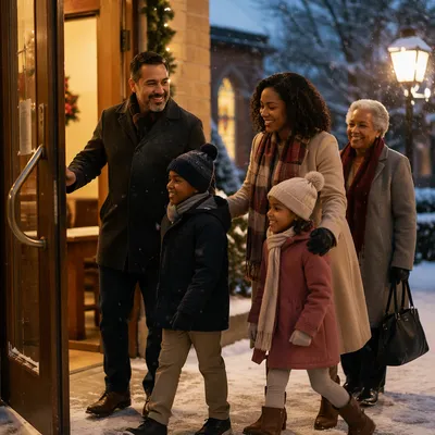 Family Entering Church on Snowy Evening