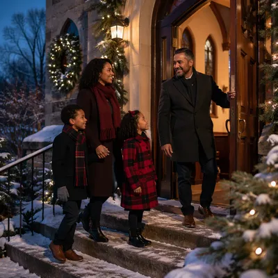 Family Entering Lit Church on Winter Evening