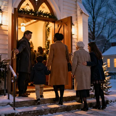 Family Entering Church on Winter Evening