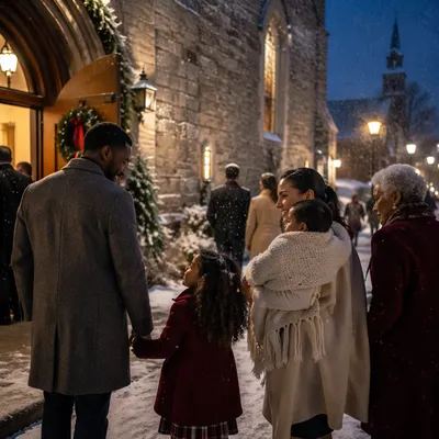 Family Entering Church on Snowy Evening