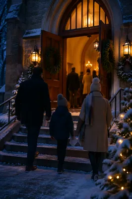 Family Entering Church on Christmas Eve