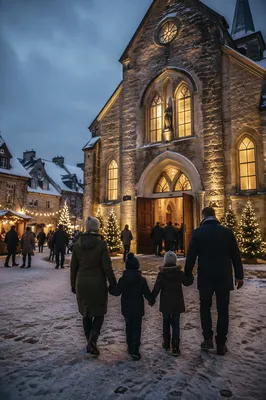 Family Entering Church on Christmas Eve
