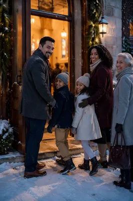 Family Entering Church on Snowy Christmas Eve