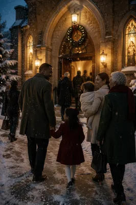 Family Entering Church on Snowy Evening