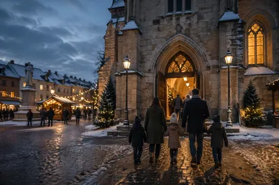 Family Entering Church on Christmas Eve