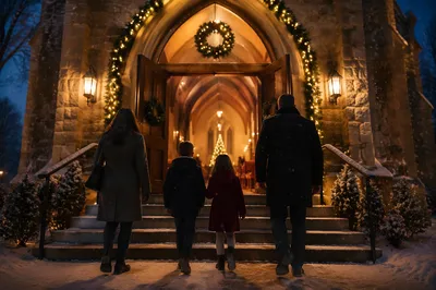 Family Entering Church on Christmas Eve