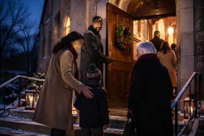 Family Entering Church on Winter Evening