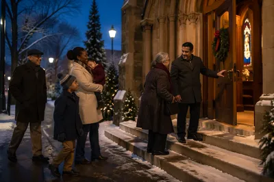 Family Entering Neighborhood Church on Christmas Eve